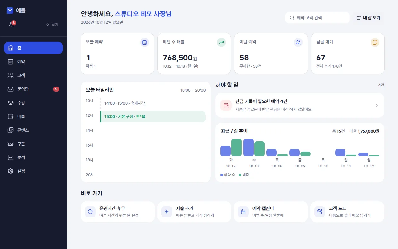 예블 사장님 첫 화면 — 오늘 예약과 이번 주 매출 — 컴퓨터 화면